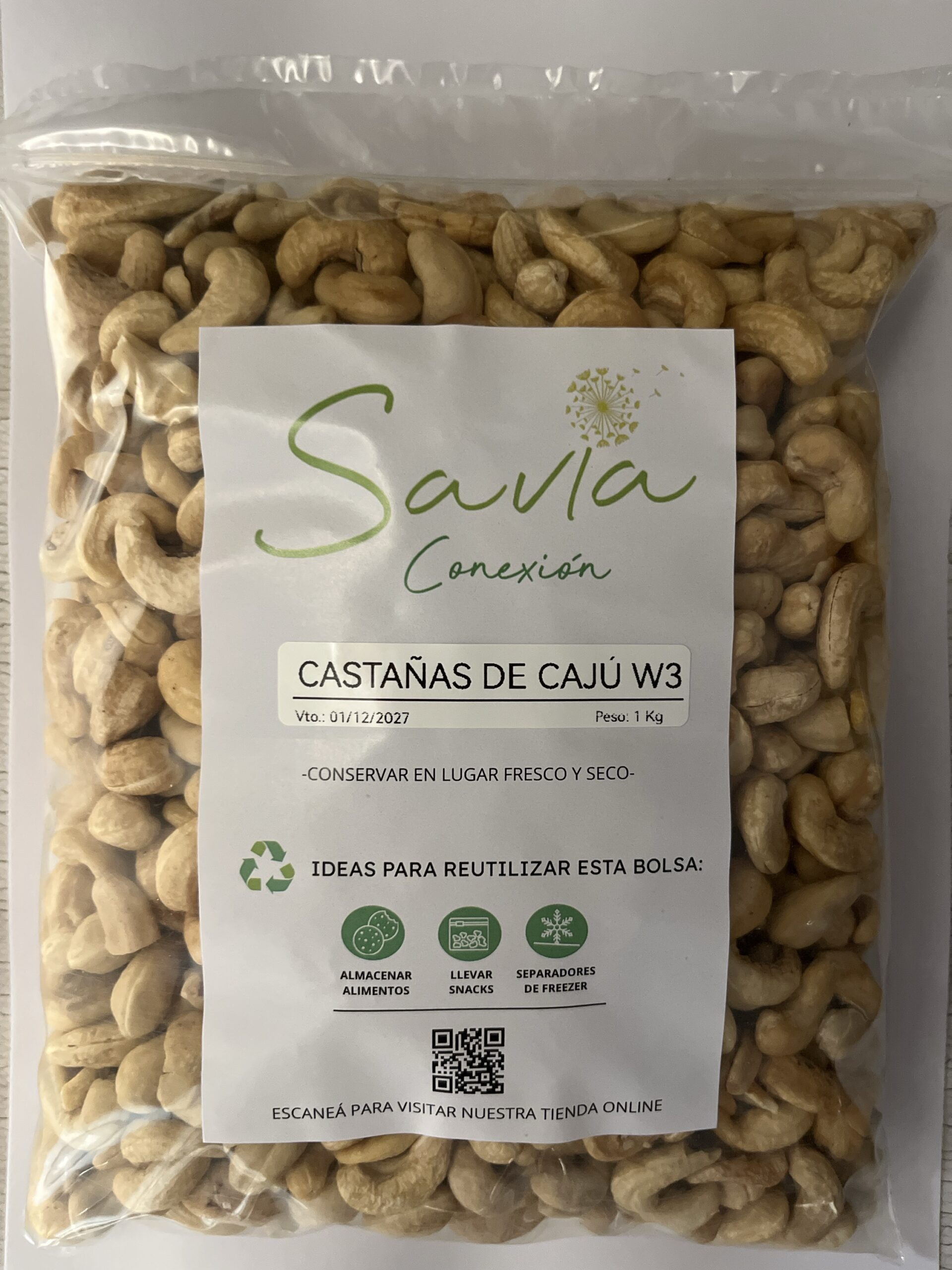 Castañas de Cajú W3 (blancas enteras) x 500 gr fraccionadas SAVIA